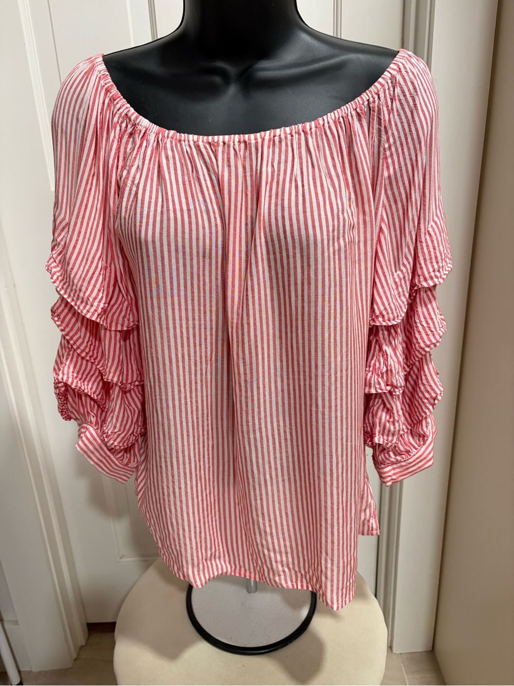 Off-Shoulder Pink Stripe Ruffle Sleeve Top